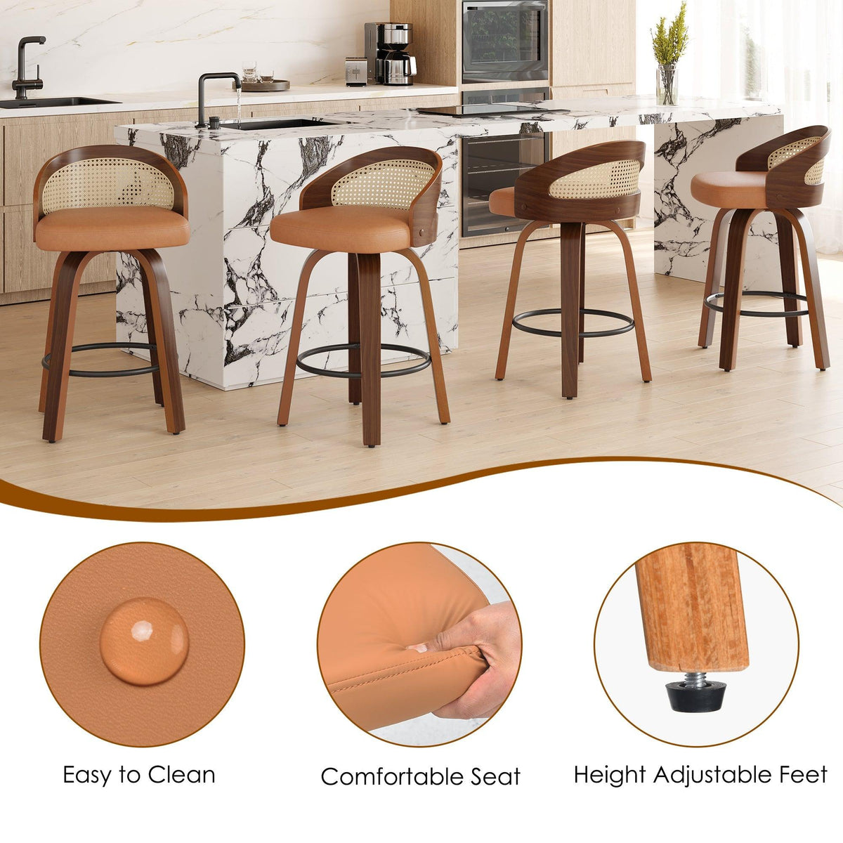 Modern Wood Frame with Rattan Back, Swivel Bar Stools Set of 2