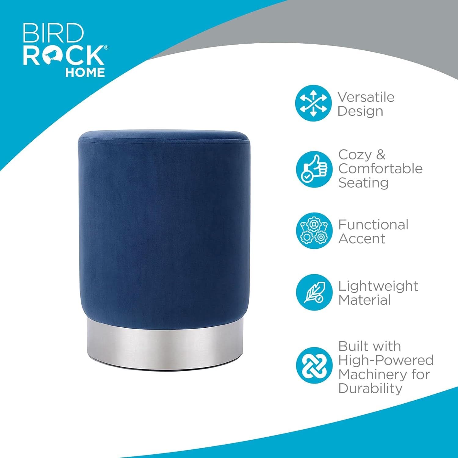 Sleek Round Ottoman Foot Stool Blue Memory Foam Padding