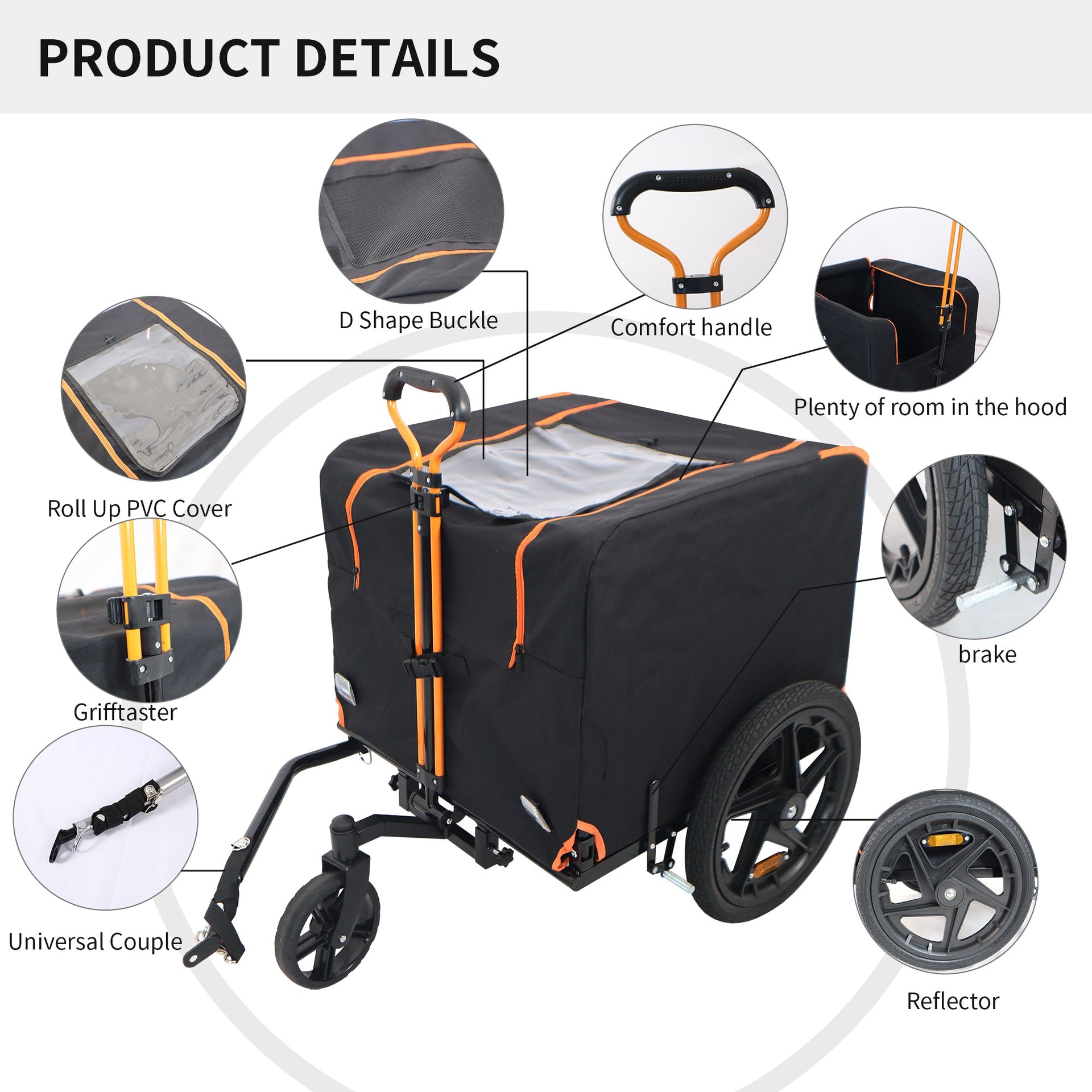 2-in-1 Bike & Pull-Behind Pet Trailer – Convertible Dog/Cat Carrier with Detachable Bike Hitch & Built-in Towing Handle – All-Terrain Wheels for Cycling and Hand-Pulled Transport, Orange and Black