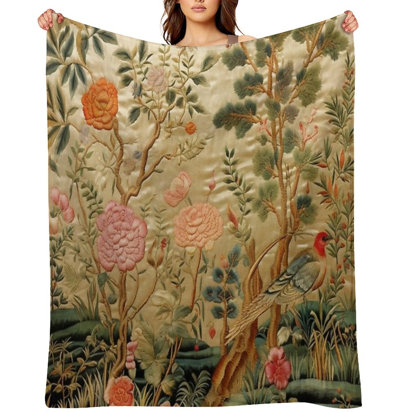 Silk Floral Birds Carpet Throw Blanket BionZax