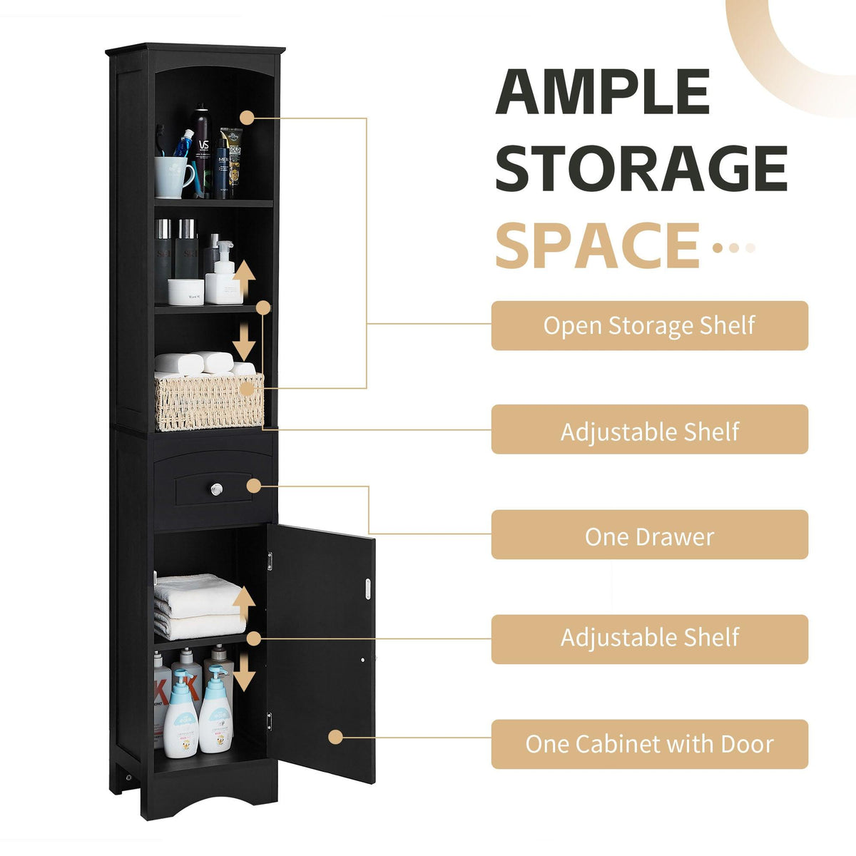 Tall Bathroom Cabinet, Freestanding Storage Cabinet with Drawer, MDF Board, Adjustable Shelf, Black