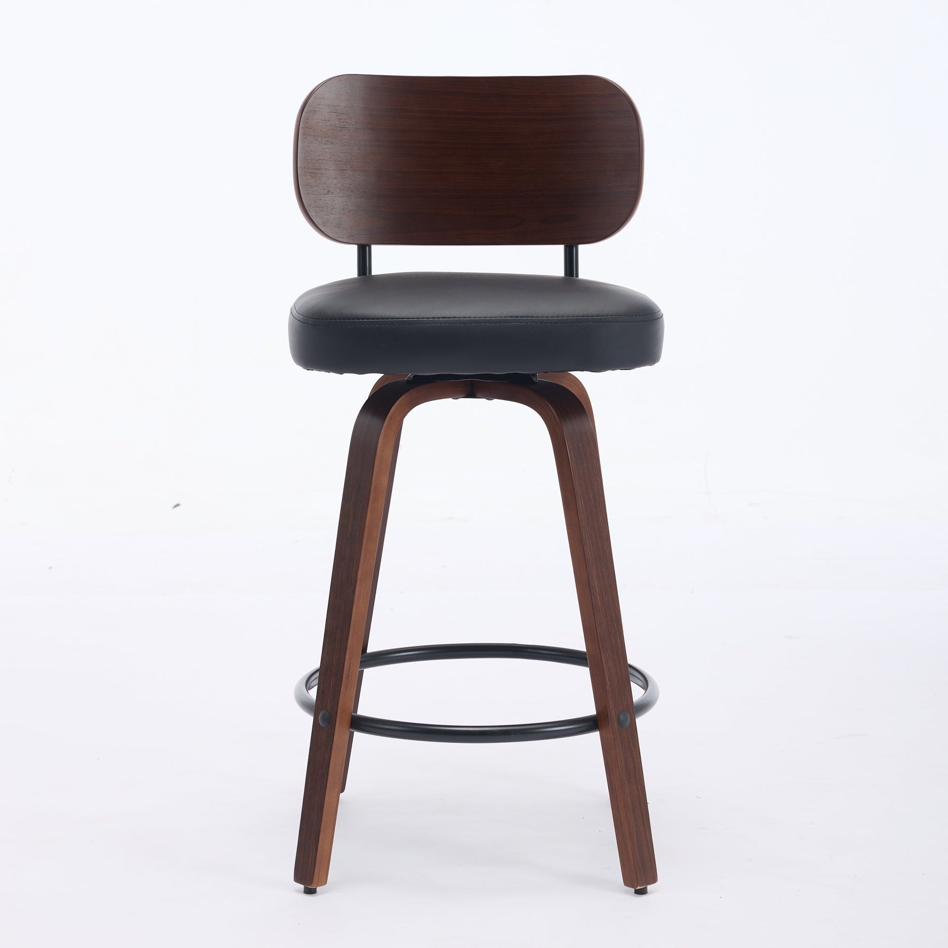 Black PU Leather and Walnut Bentwood Swivel Bar Stool Set