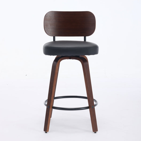 Black PU Leather and Walnut Bentwood Swivel Bar Stool Set