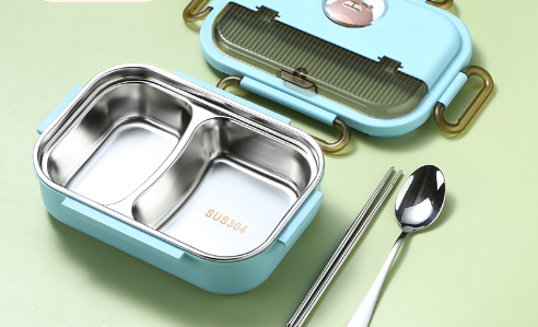Microwaveable stainless steel compartmentalized insulated lunch box with cutlery