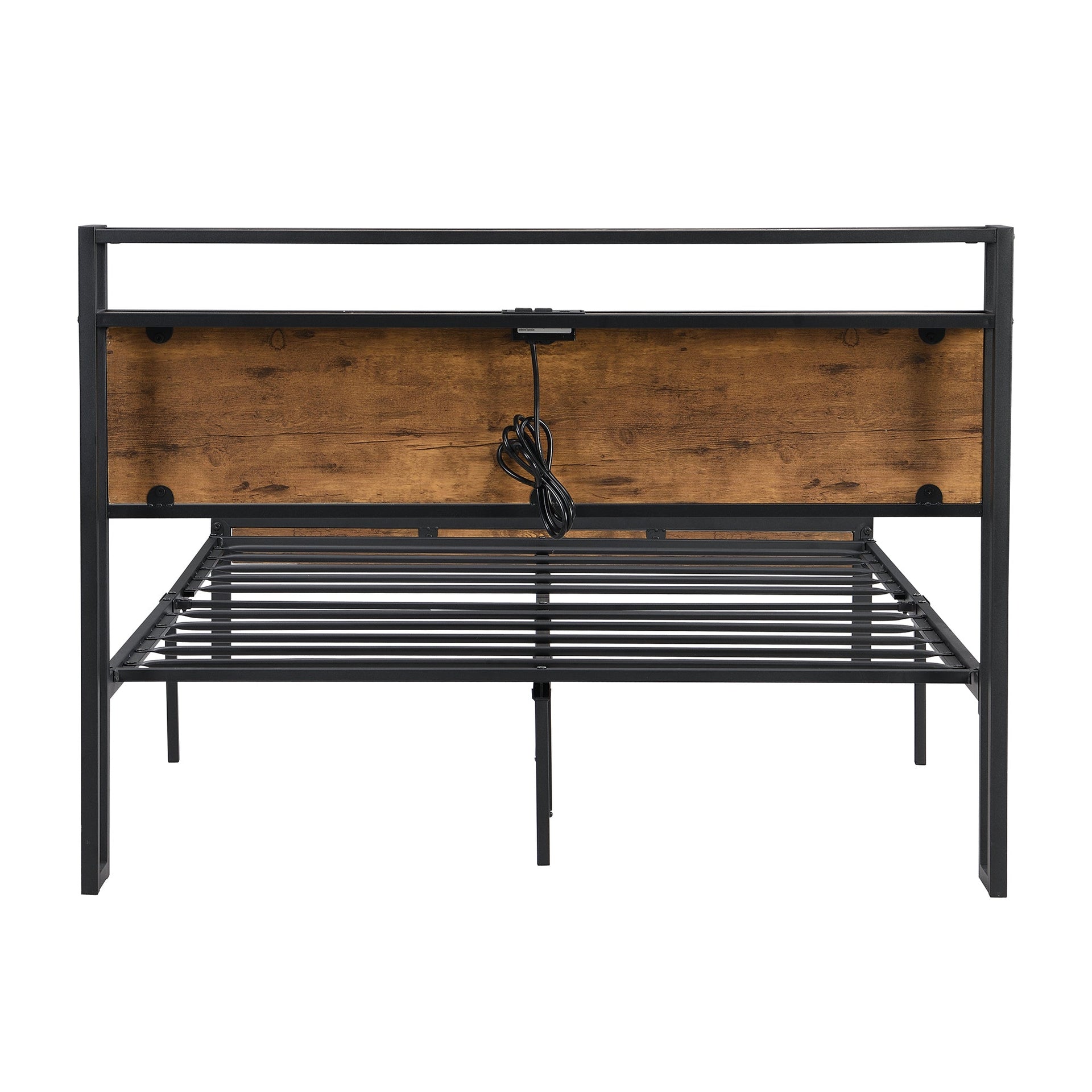 Queen Size Metal Platform Bed Frame with Wooden Headboard and Footboard with USB LINER