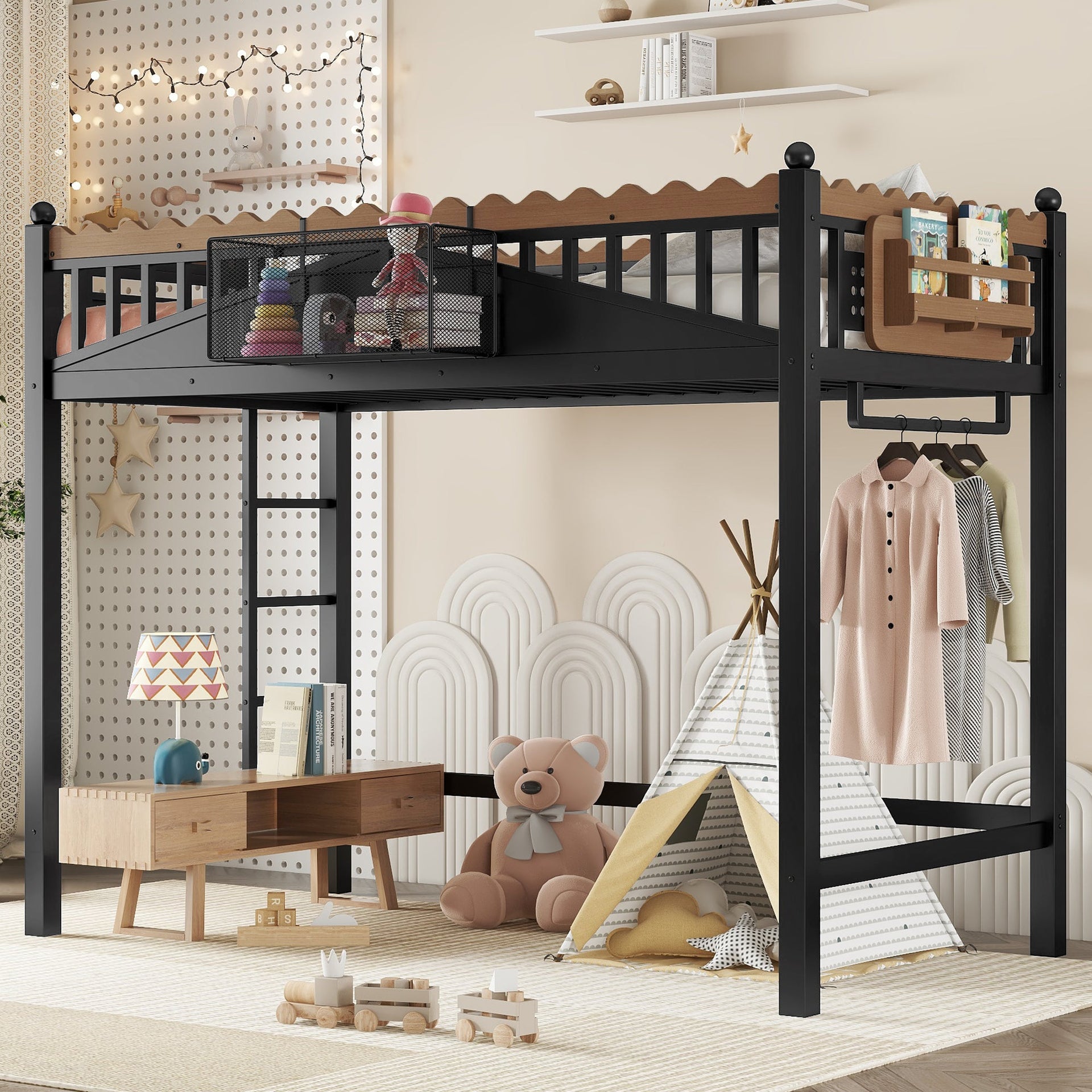 Twin XL Size Loft Bed with Ladders, Storage Shelves, and Bookshelf