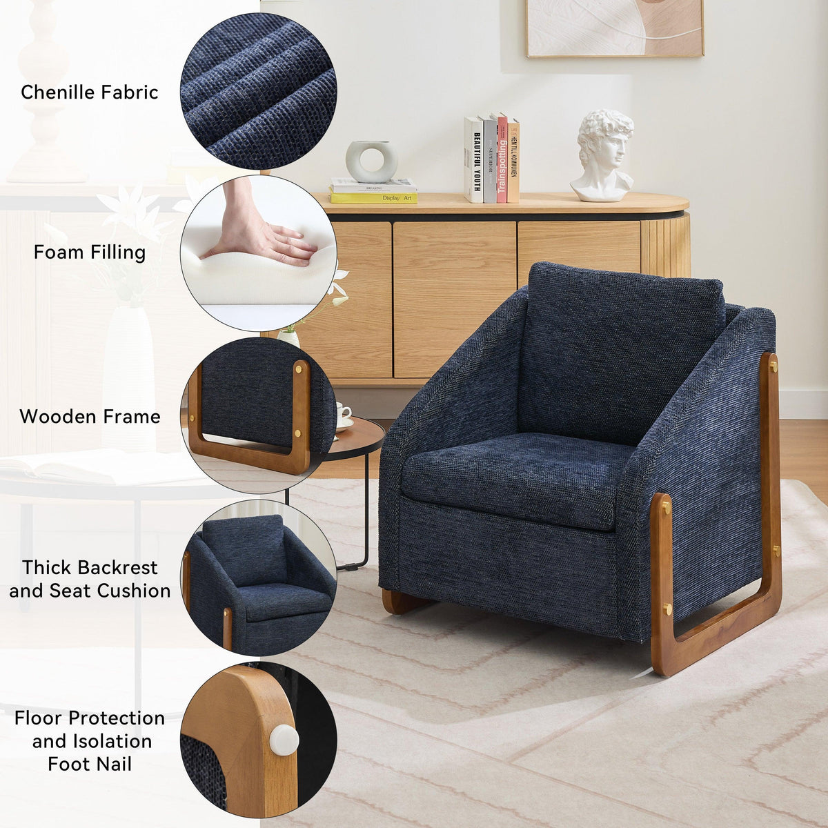 Modern Chenille Upholstered Armchair with Wooden Side Frame in Blue