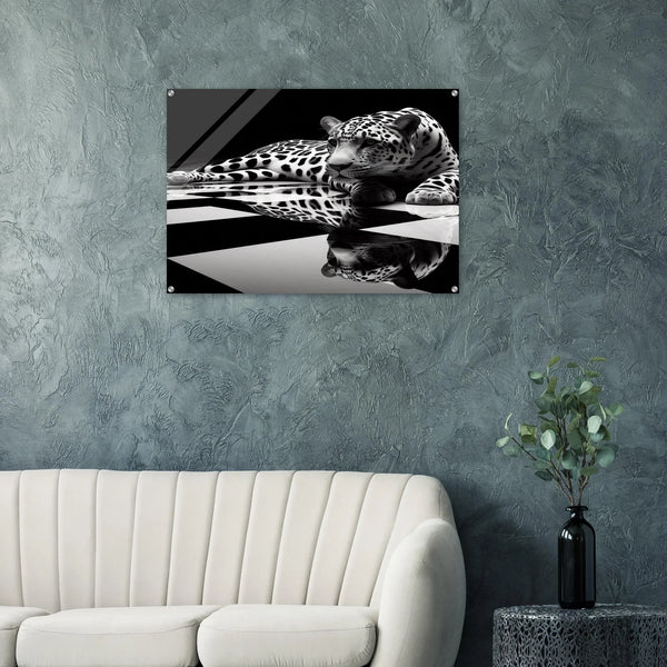 Leopard Acrylic Print on Black and White Checkered Floor – Glossy Finish Wall Art