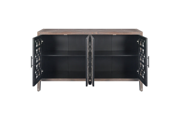 Hollow Four Door Antique Cabinet, American Country Style, Suitable for Living Room, TV Cabinet, Kitchen (Brown)