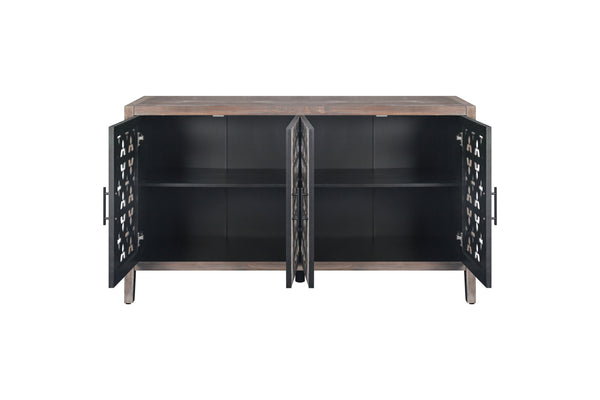 Hollow Four Door Antique Cabinet, American Country Style, Suitable for Living Room, TV Cabinet, Kitchen (Brown)