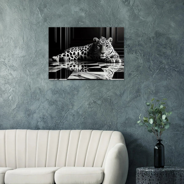 Leopard Canvas Art Print – Striking Design on Black & White Checkered Marble Floor