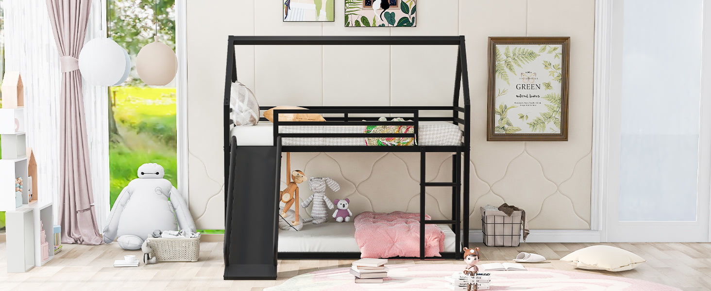 Twin over Twin House Bunk Bed with Ladder and Slide,Black