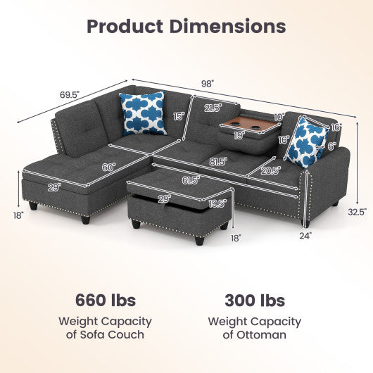 98 Inches Sectional Sofa Couch with Movable Storage Ottoman and Linen Fabric Backs-DG