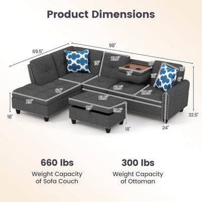 98 Inches Sectional Sofa Couch with Movable Storage Ottoman and Linen Fabric Backs-DG