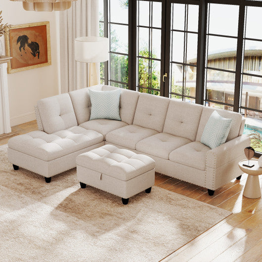 98 Inches Sectional Sofa Couch with Movable Storage Ottoman and Linen Fabric Backs-LR