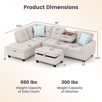 98 Inches Sectional Sofa Couch with Movable Storage Ottoman and Linen Fabric Backs-LR