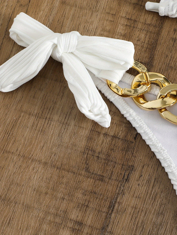 Bikini Ruched Texture Golden Chain 2 Piece Triangle Swimsuit for Women – Striped Halter Bikini Set with Bow Tie Side and Elegant Ring Link Detail – Stretchy Beachwear for Pool Bathing and Summer Vacations