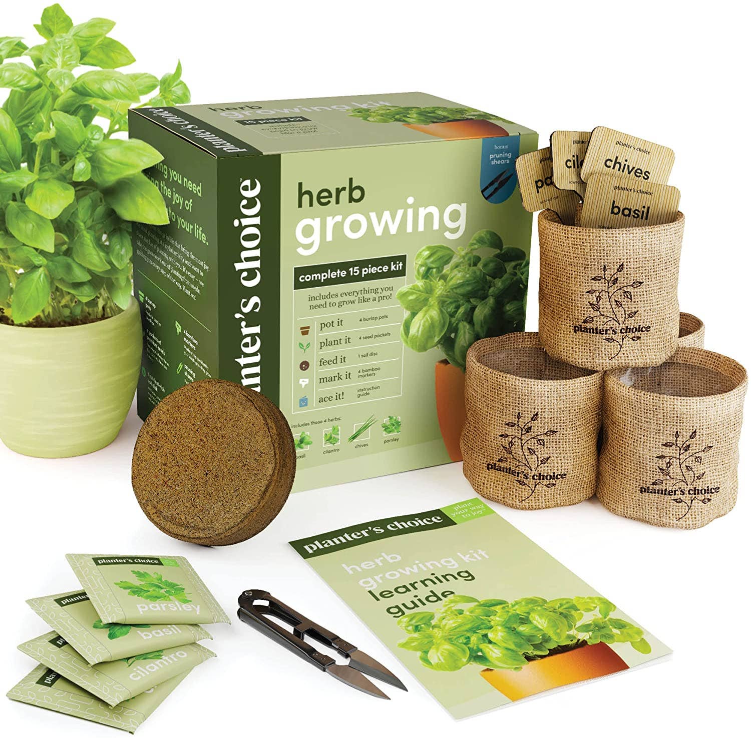Herb Growing Kit – Indoor Herb Garden with Burlap Plant Pots & Bamboo Markers