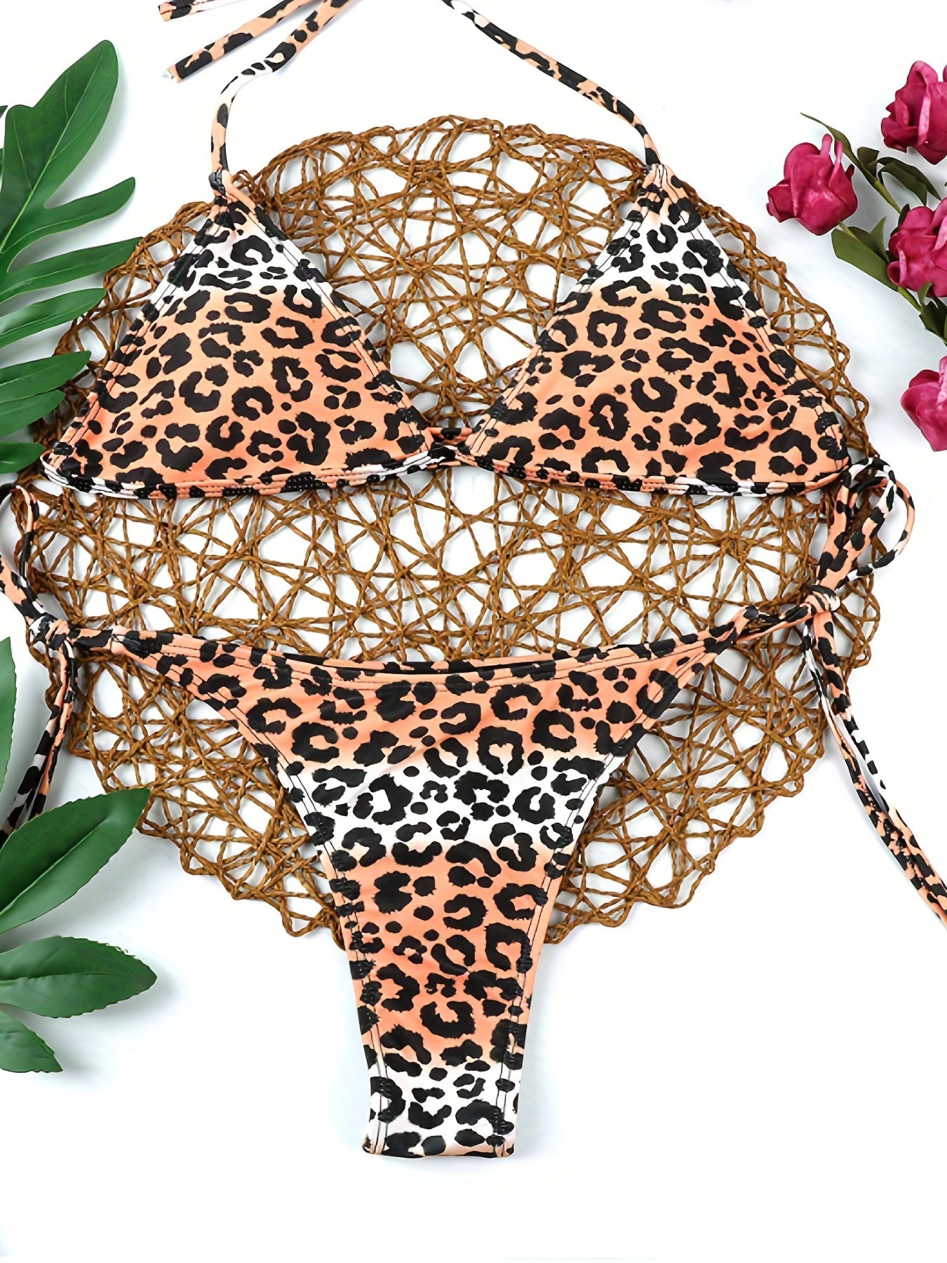 Bikini Leopard Print 2 Piece Swimsuit for Women – High Cut Lace-Up Backless Flattering Bikini Set with Halter Spaghetti Strap – Stretchy Sexy and Stylish Swimwear for Pool Beach and Summer Vacation