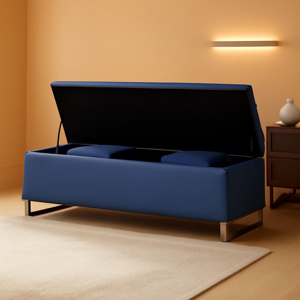 Navy Upholstered Storage Ottoman Bench With Hideaway