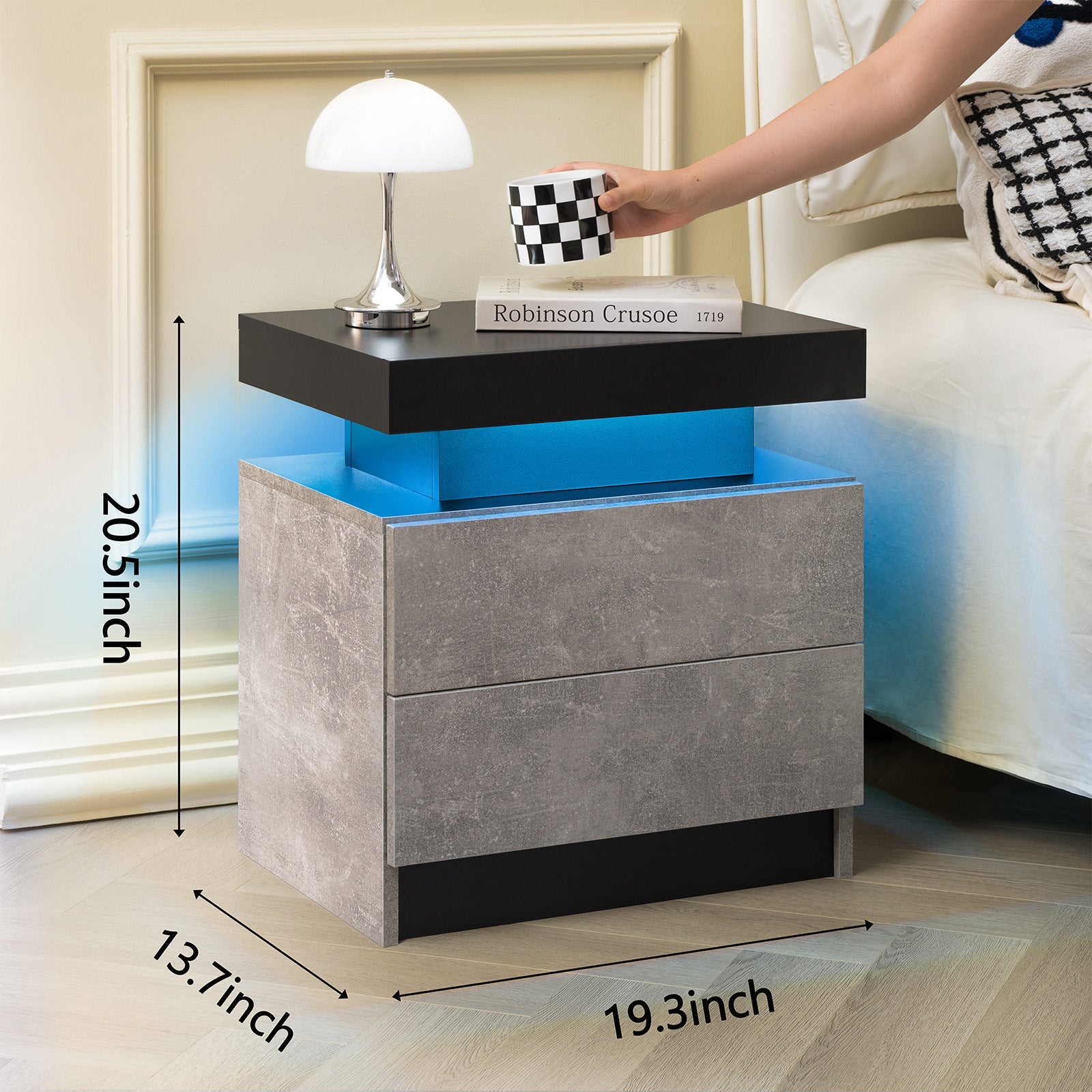 Modern LED Nightstand Bedside Table with 2 Drawers