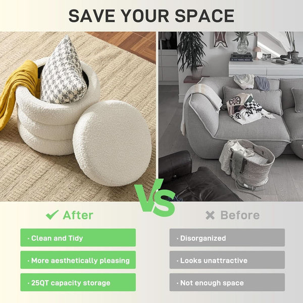Round Storage Ottoman Featuring Removable Lid White