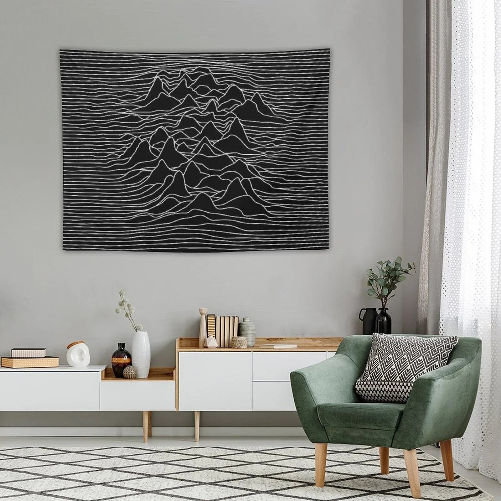 Black And White Illustration - Sound Wave Graphic  - Black Tapestry
