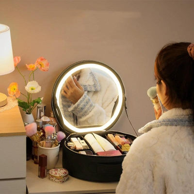 Round Smart LED Makeup Bag - Mirror Lights Travel Organizer