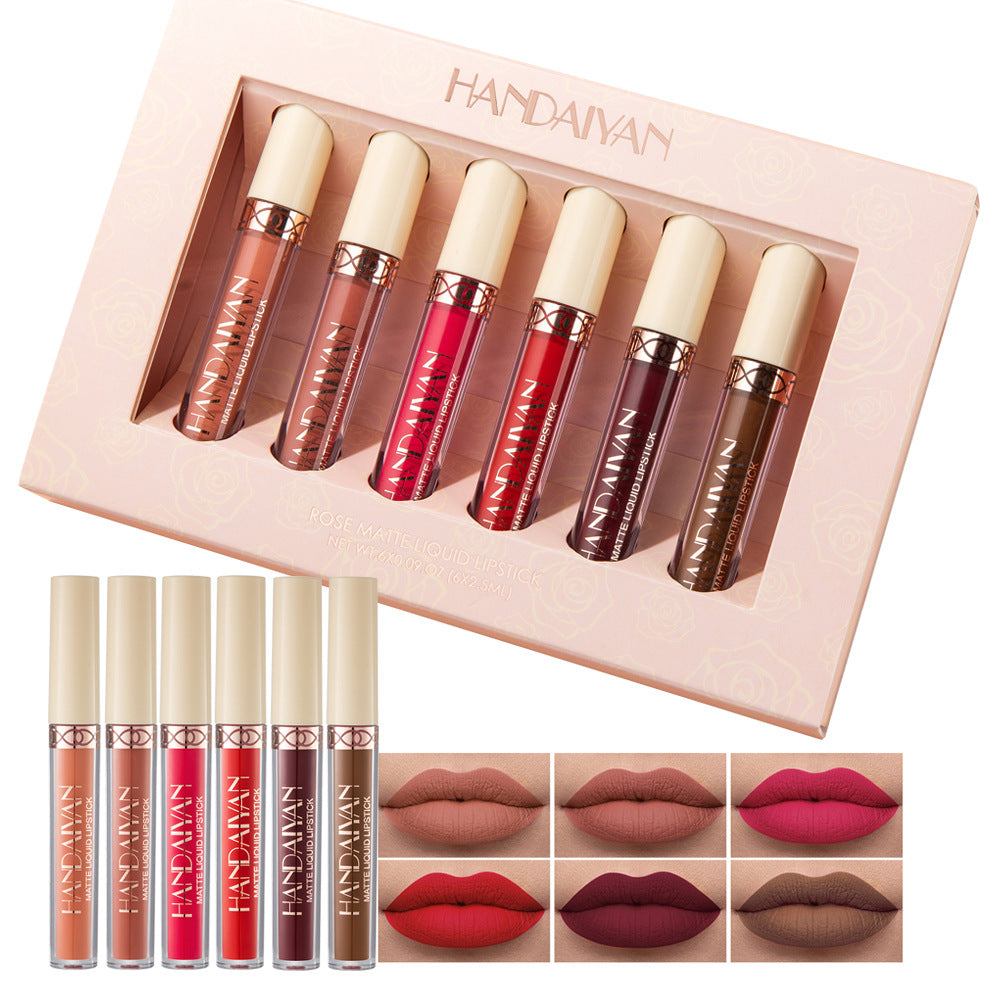 HANDAIYAN 6 Matte Rose Lip Gloss Liquid Lipstick Not Easy to Dip Cup Matte Lip Gloss Set Gift Box