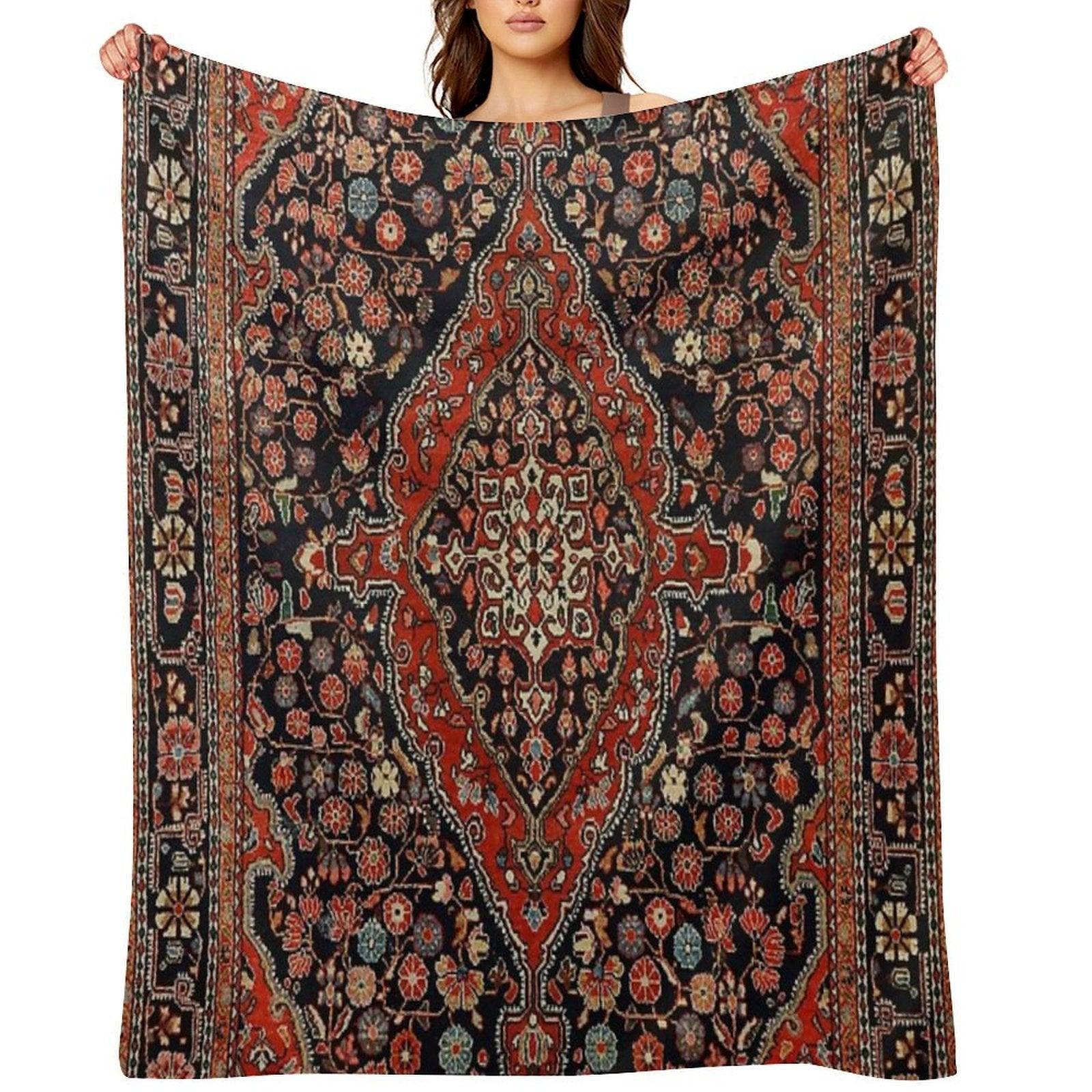 Persia Sarouk 19th Century Authentic Colorful Picture of A Vibrant Red And Black Rug Throw Blanket