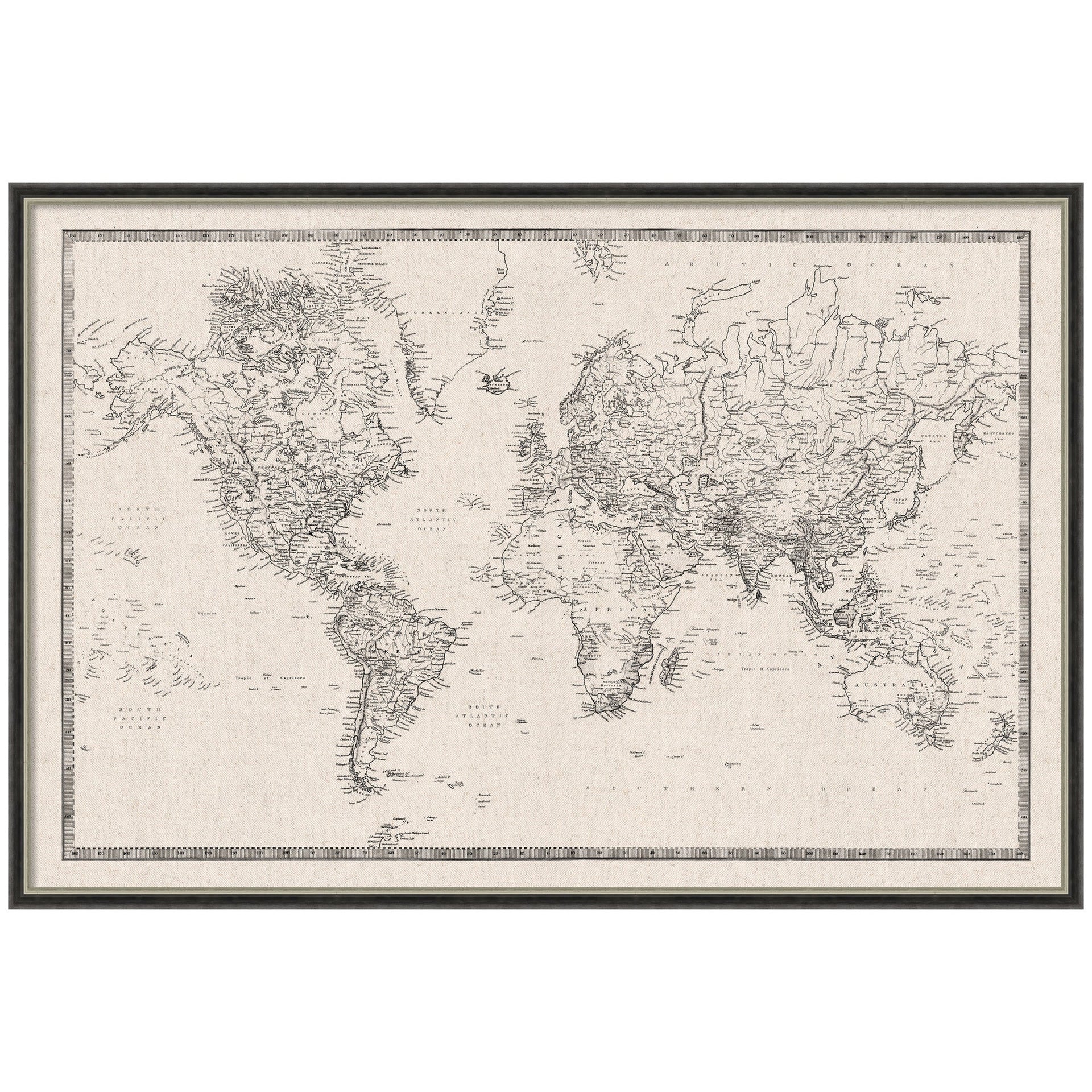 Framed Fabric Pinboard Vintage Black and White Linen World Map Wall Organization