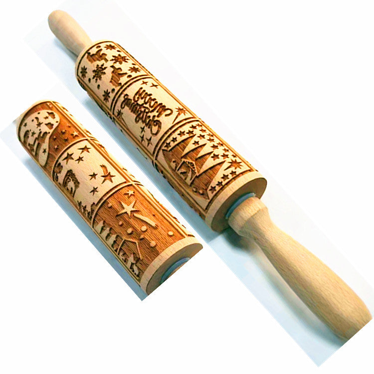 Wooden Rolling Pin Beechwood Laser Engraved Printed Rolling Pin Embossing Christmas Flip Sugar Cookie Rolling Pin