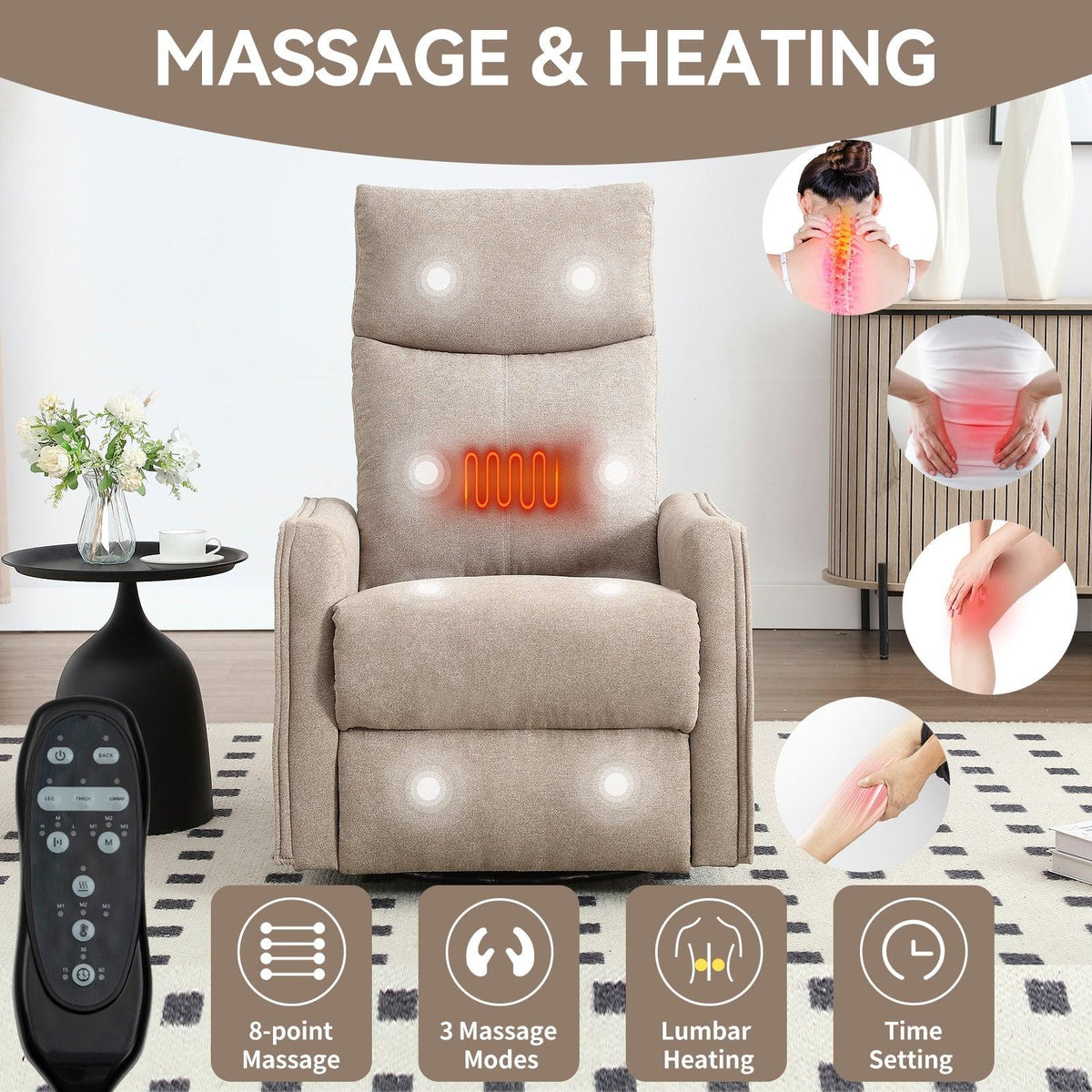 Heat Massage Manual Recliner Chair with Rocker and Swivel in Khaki