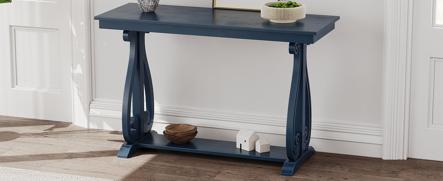 48-Inch Rustic Vintage Console Table --- Farmhouse Style Entryway Table with Open Shelf and Sturdy Construction (Navy)