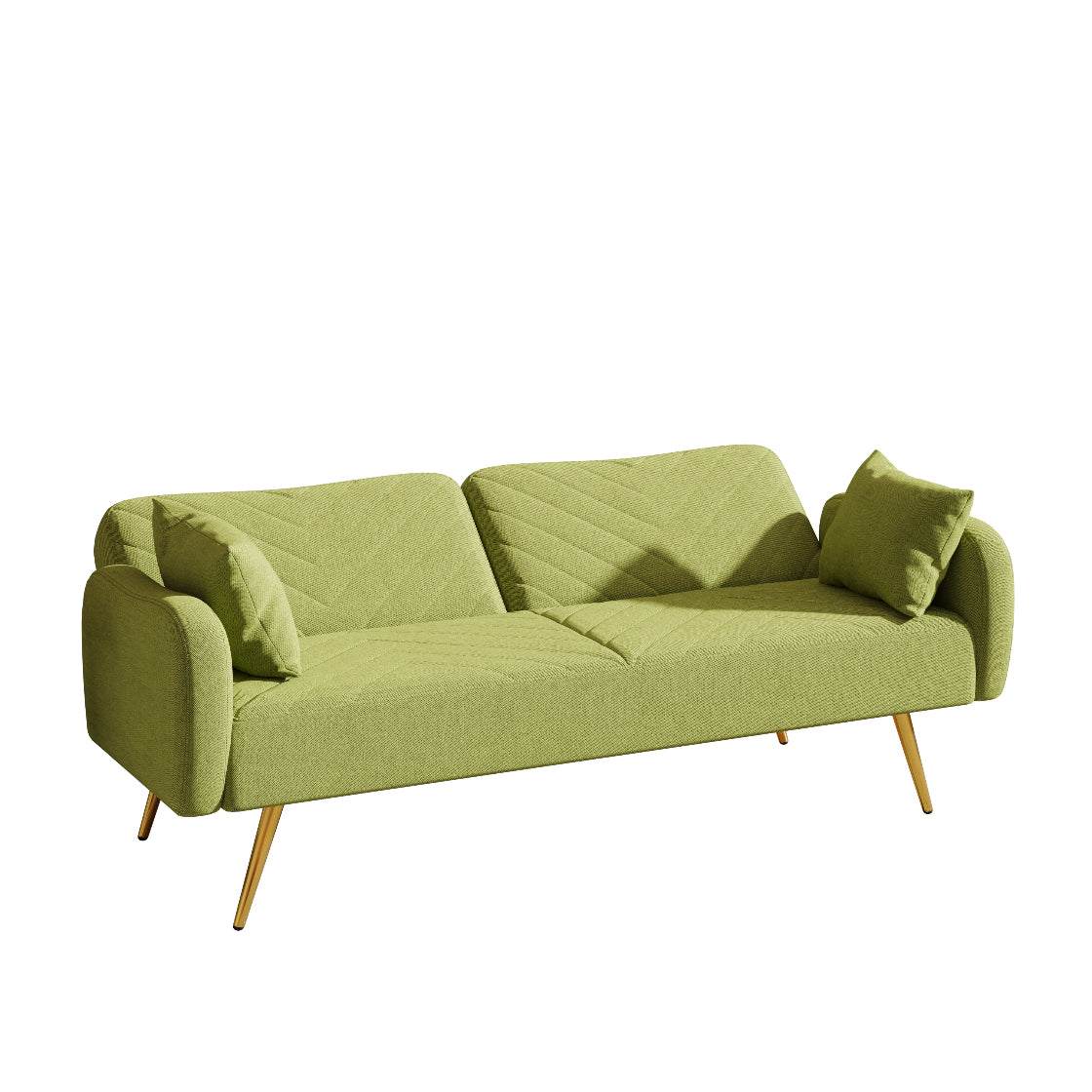 Green sofa with wooden legs on a white background