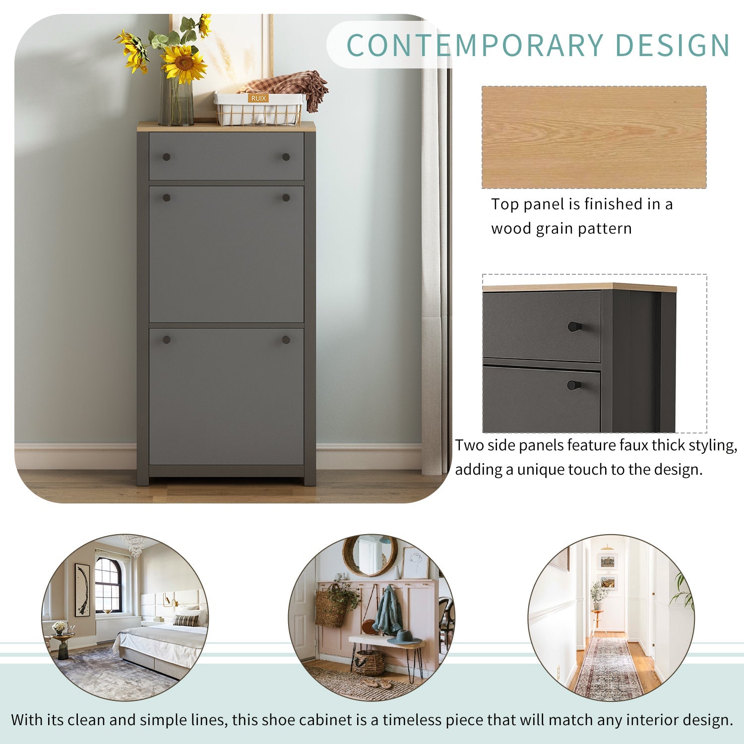ONTREND functional with 2 flipped drawers, top shoe cabinet with adjustable panel, independent shoe rack, gray