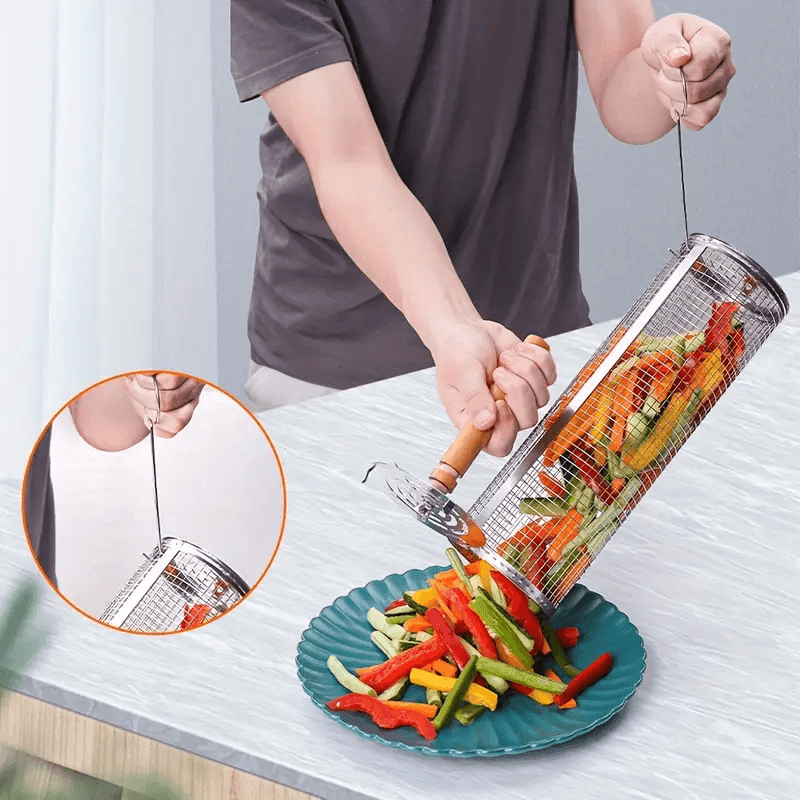 Stainless Steel BBQ Grill Basket with Wood Handle – Non-Stick Rolling Grilling Cage for Vegetables & Meat – Outdoor Camping & BBQ Accessories