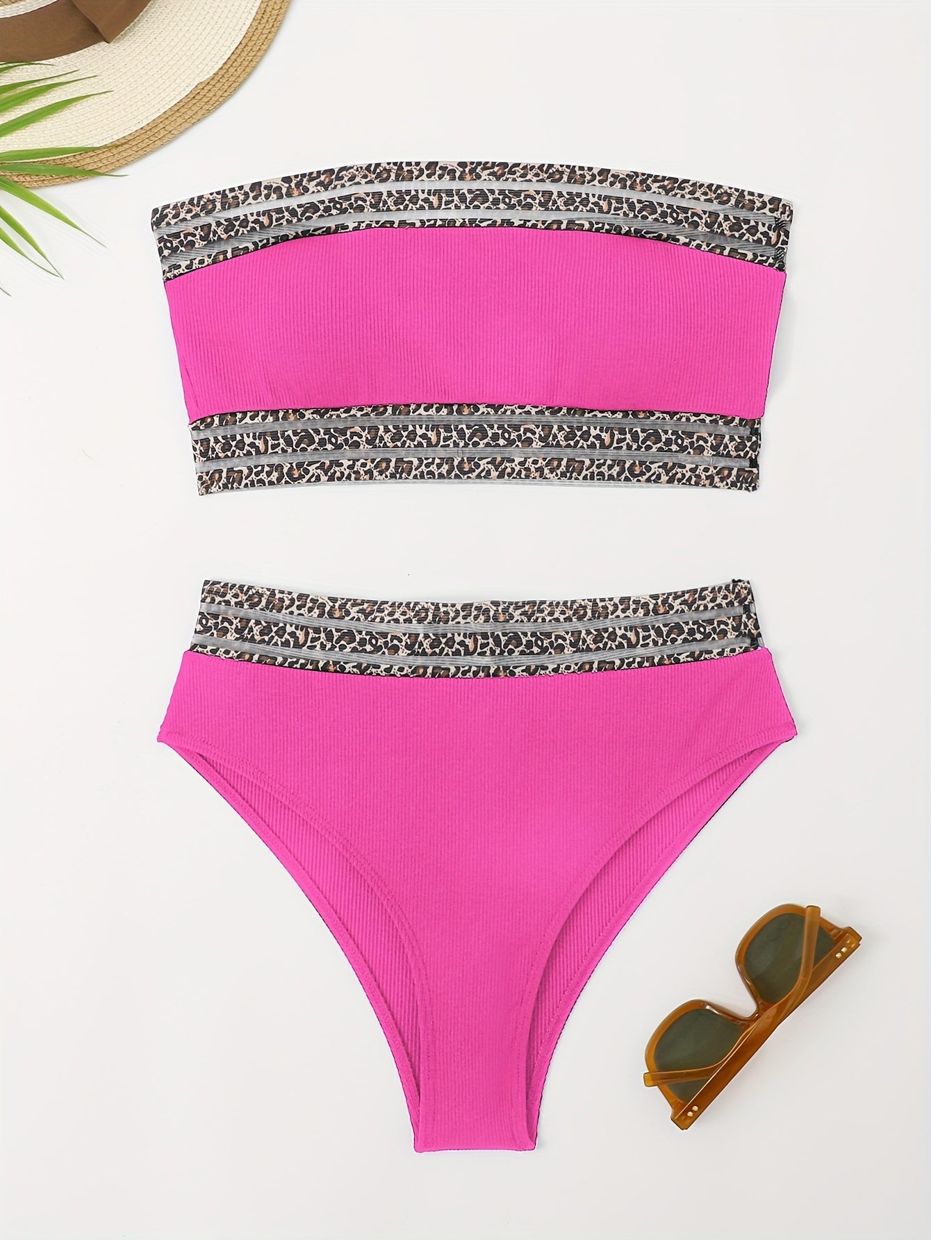 Bikini Leopard Print High Waist Bandeau 2 Piece Swimsuit for Women – Super Stretchy Bikini Set with Seductive Mesh Detail and Flattering Fit – Chic Animal Print Swimwear for Beachwear Poolside and Summer Vacations