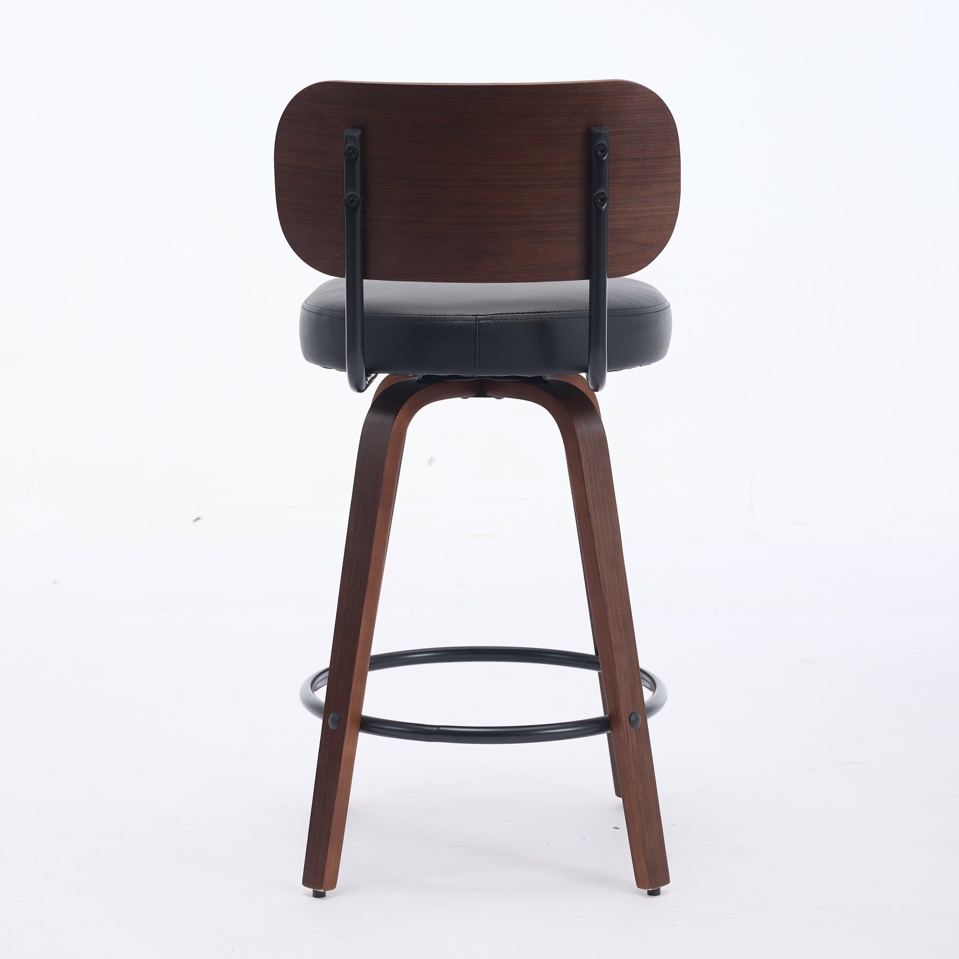 Black PU Leather and Walnut Bentwood Swivel Bar Stool Set