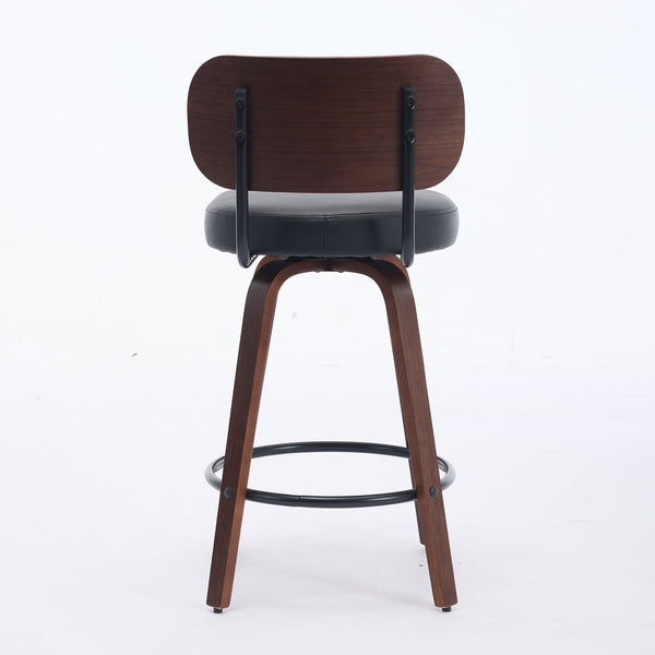 Black PU Leather and Walnut Bentwood Swivel Bar Stool Set