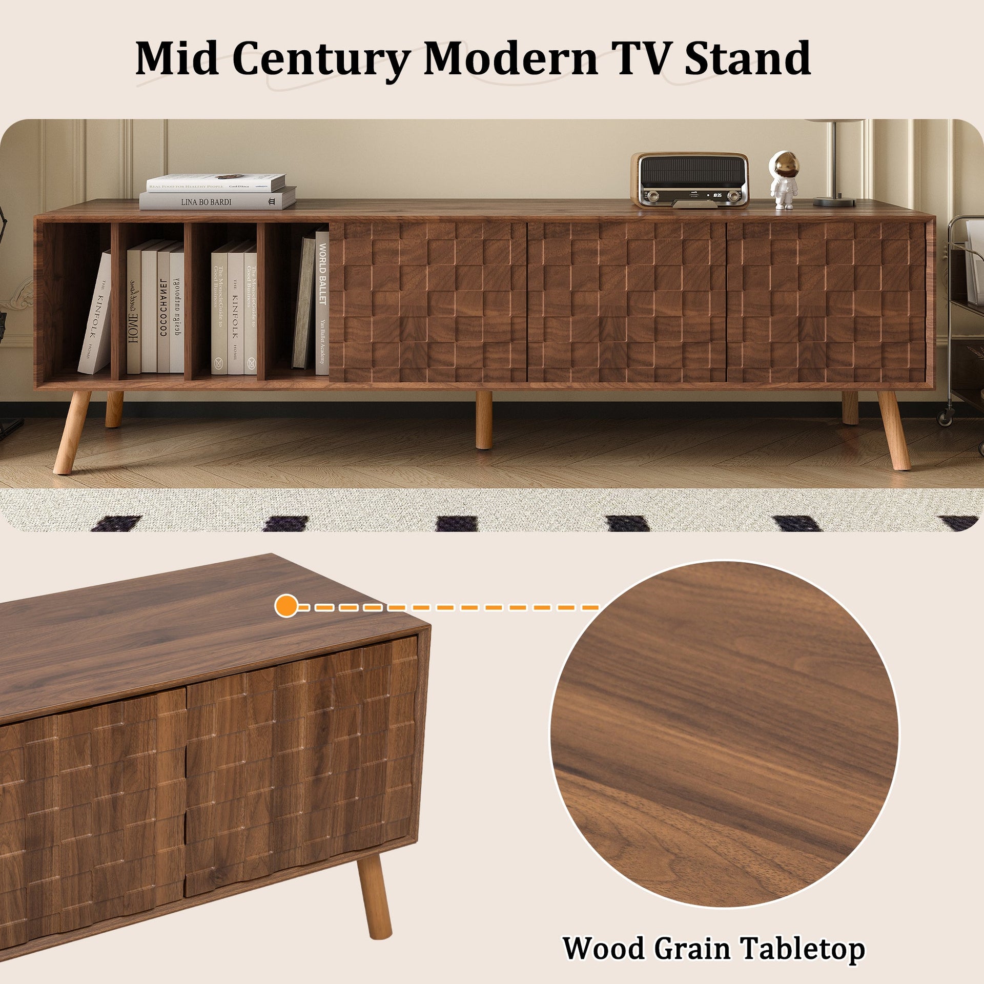 70' Mid-Century Modern TV Stand, Media Console Table for TVs up to 80'', Entertainment Center with 5 Solid Wood Legs for Living Room, Bedroom
