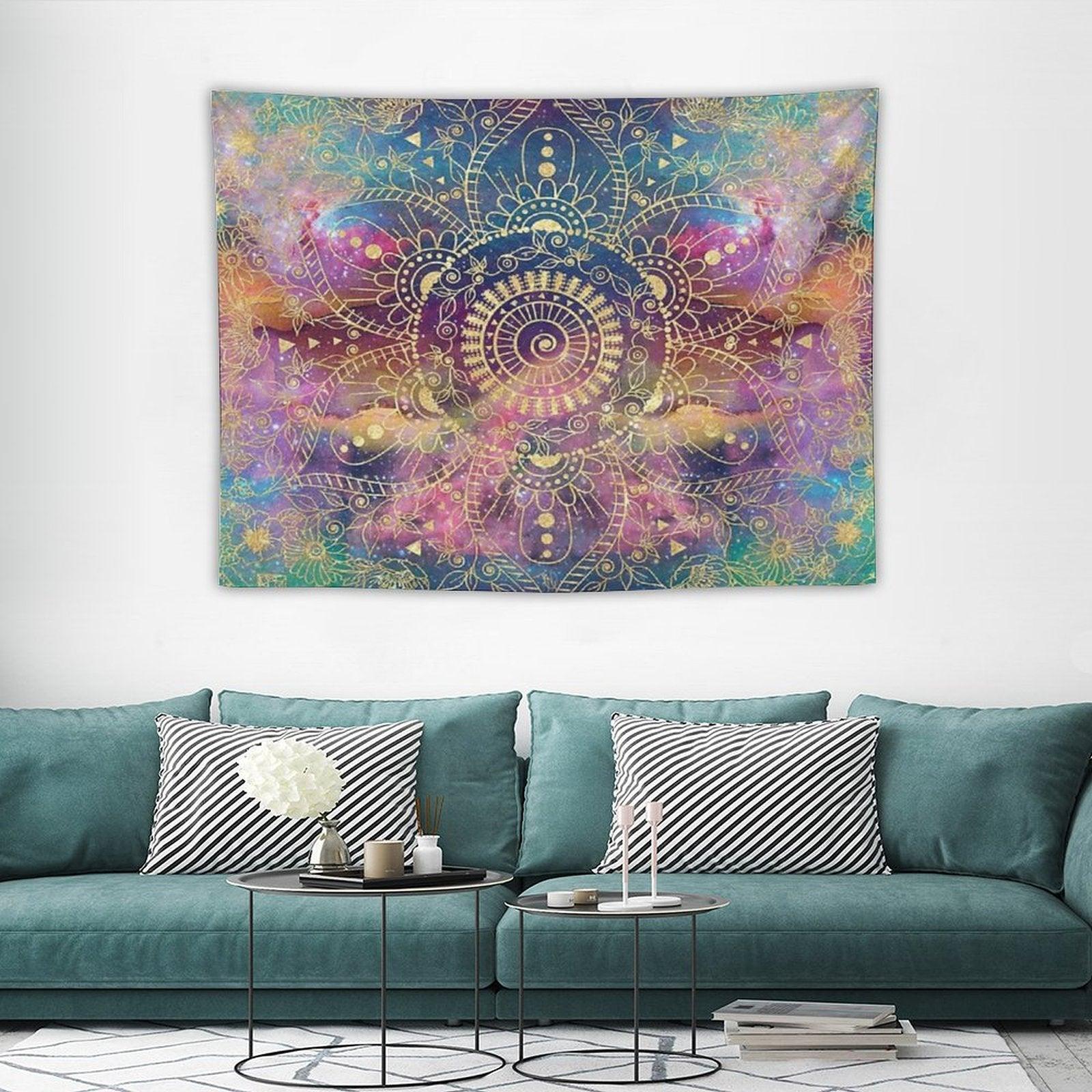 Gold Mandala Watercolor Colorful Nebula Tapestry