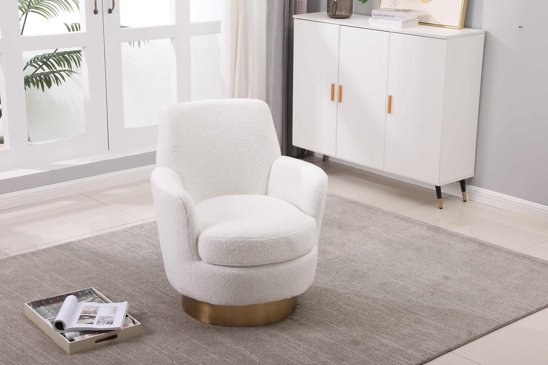 White Velvet Swivel Barrel Chair