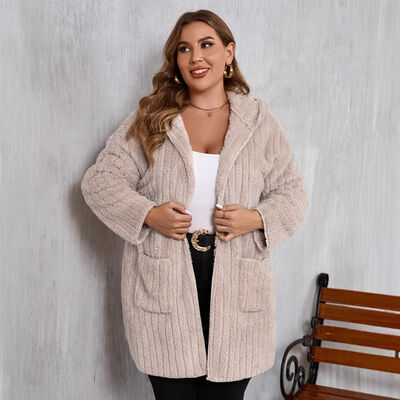 Women Plus Size Hooded Open Front Fuzzy Jacket With Long Sleeves Elegant And Comfortable Jacket