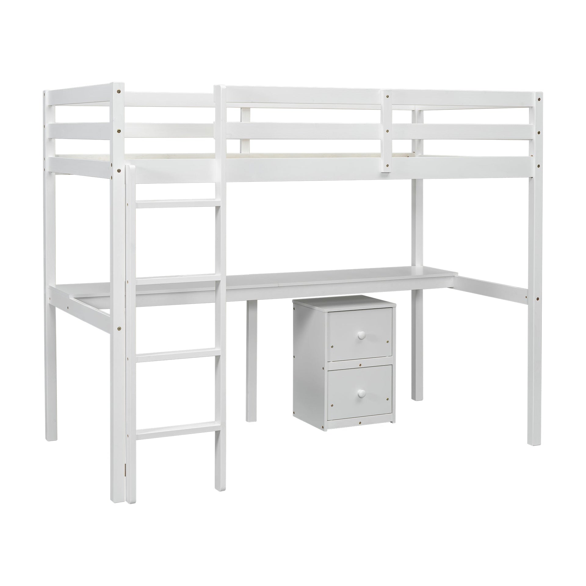 Twin Loft Wood Bed with Under-bed, Built-in Desk, a Storage Cabinet of 2 Drawers, Guardrails, Ladder,White