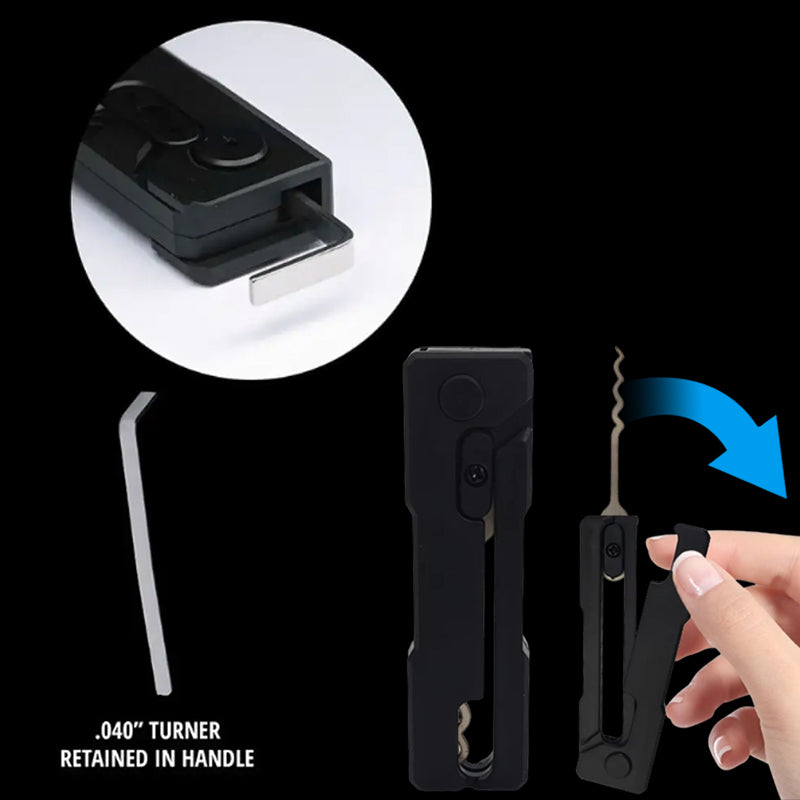 Essential stainless - steel multi - tool: quick - flip grav pick, door keys, lock rake. Durable.