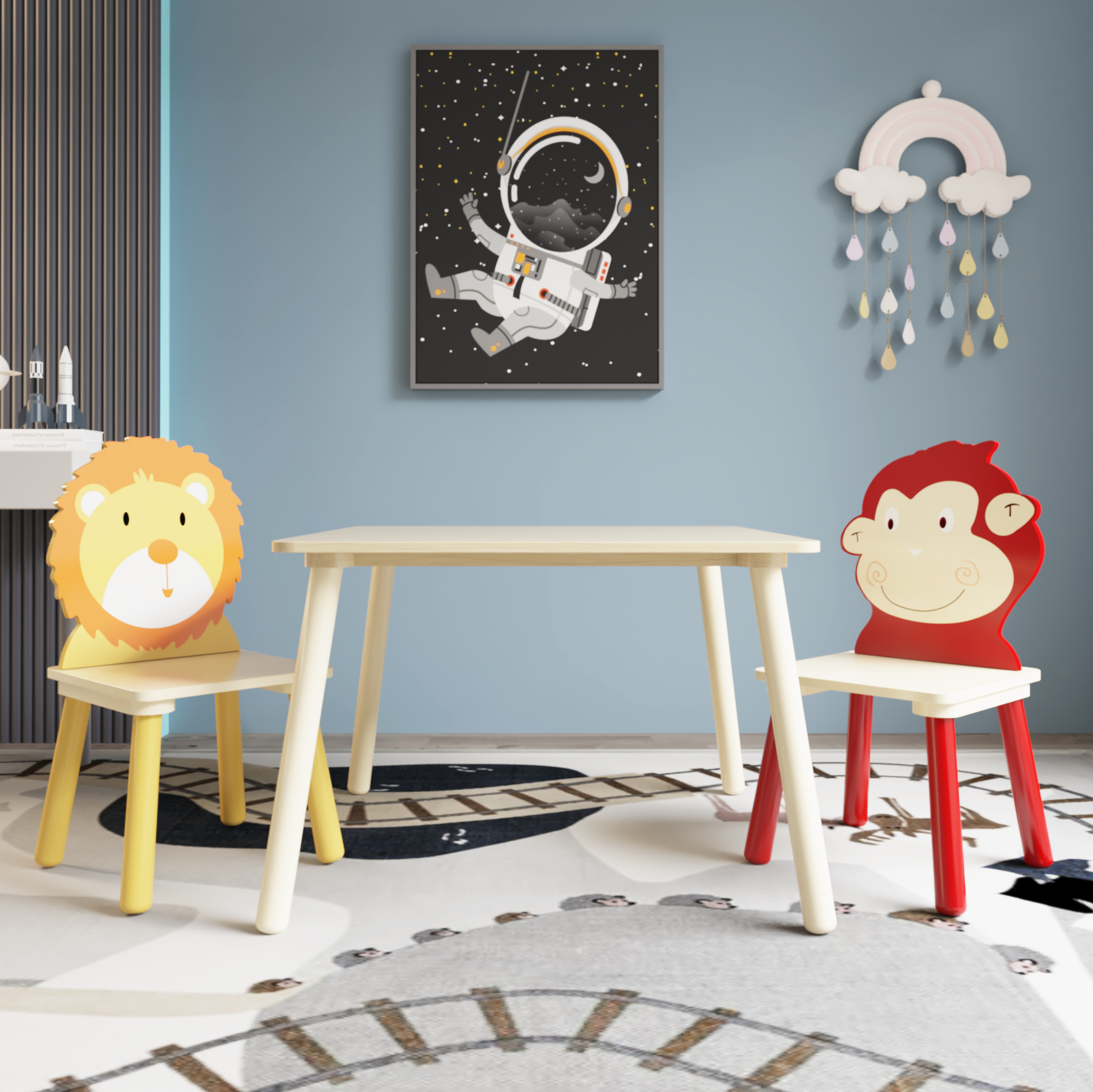 Kids Table and 2 Chairs Set 3 Pieces Toddler Table and Chair Set Wooden Activity Play Table Set (Lion&Monkey)