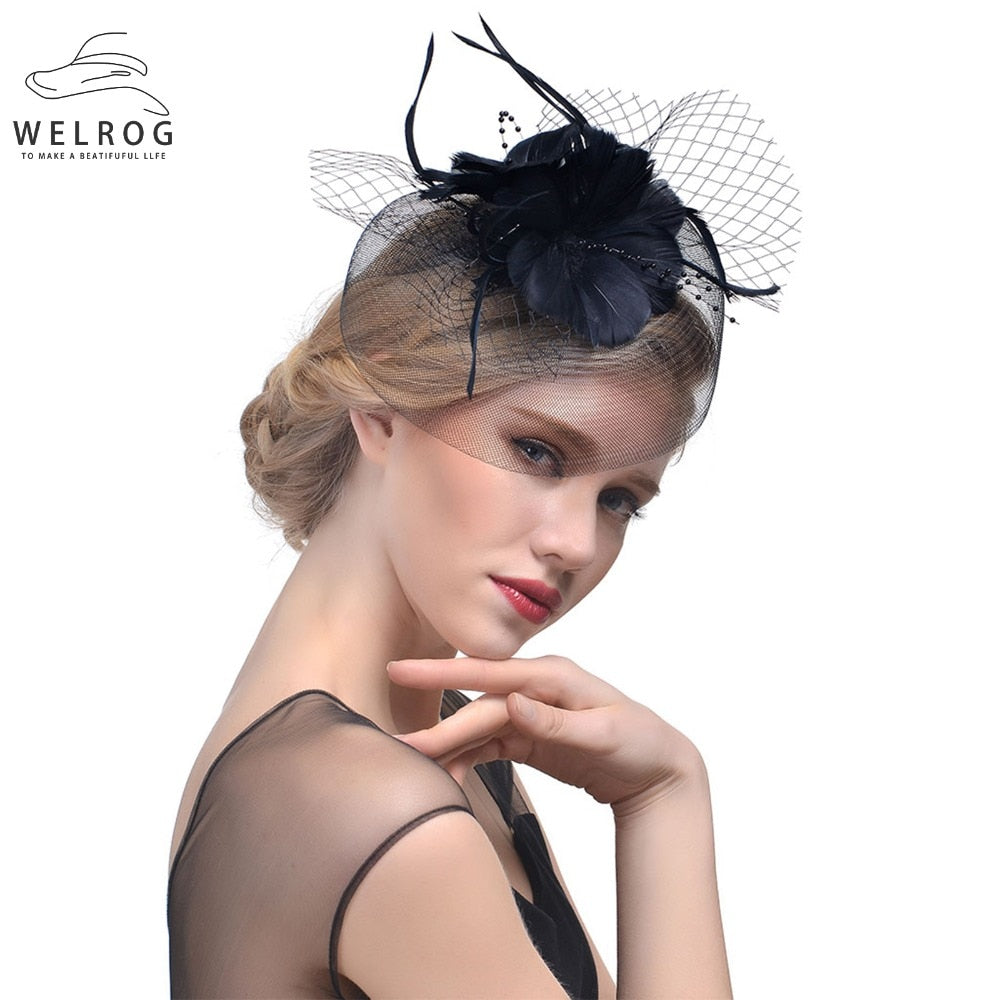 WELROG Feather Cap Lady Cocktail Dinner Party Fedoras Wedding Bridal Mesh Veil Hats Vintage Sombreros Chapeau Fascinators Hat