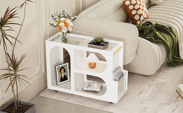 Stylish mobile desk with lockable wheels, white bedside table with 5mm thick grooved tempered glass and gold round bars