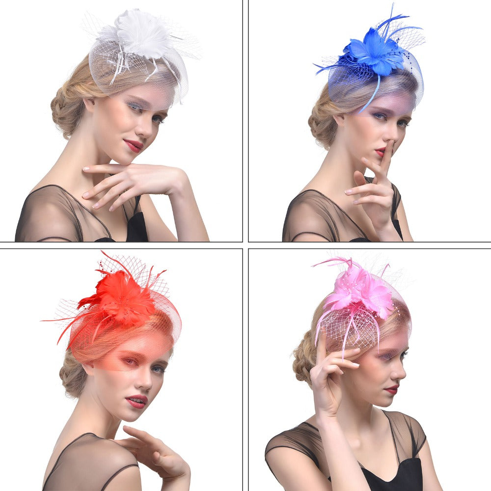 WELROG Feather Cap Lady Cocktail Dinner Party Fedoras Wedding Bridal Mesh Veil Hats Vintage Sombreros Chapeau Fascinators Hat
